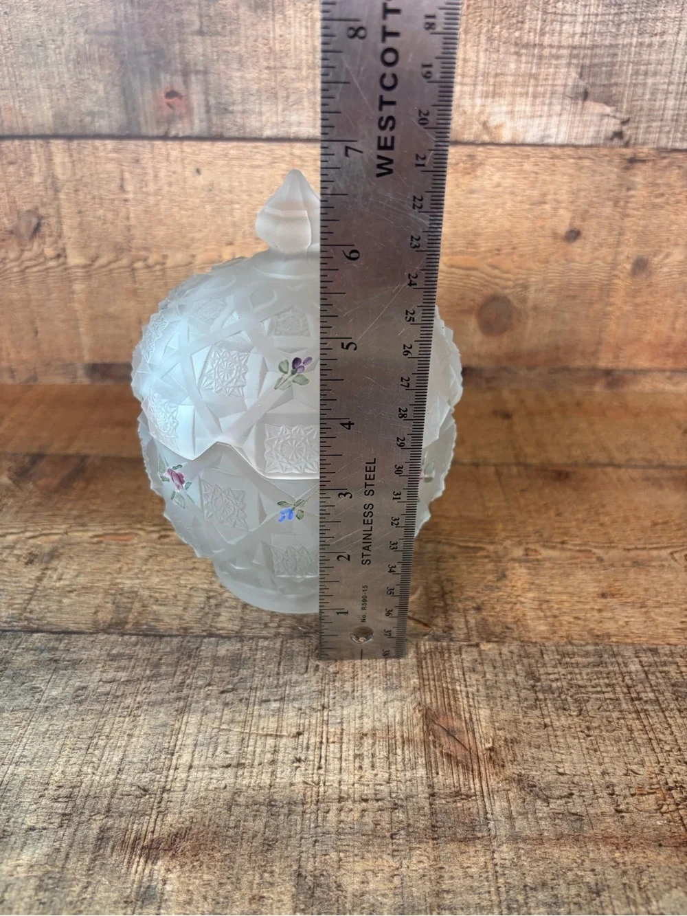 Vtg Westmoreland Frosted Satin Glass Old Quilt Candy Dish Hand Painted Flowers